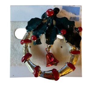 Vintage Christmas Wreath Brooch With Red Bell & Holly Leaf Design